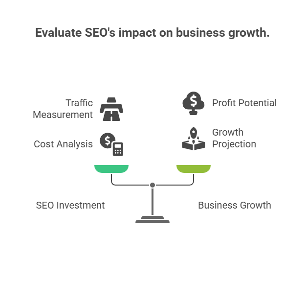 Illustration showing SEO ROI investment balanced with business growth.